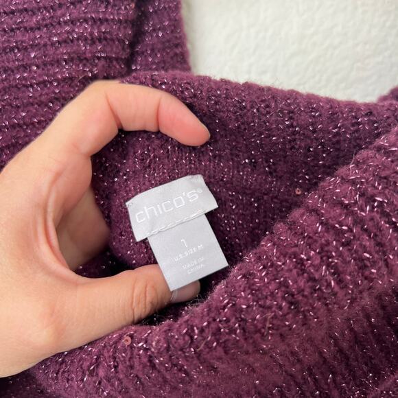 [Chico's] Purple Sparkle Sequined Knit Cowl Neck Sweater Holiday Size Medium M - Picture 9 of 9